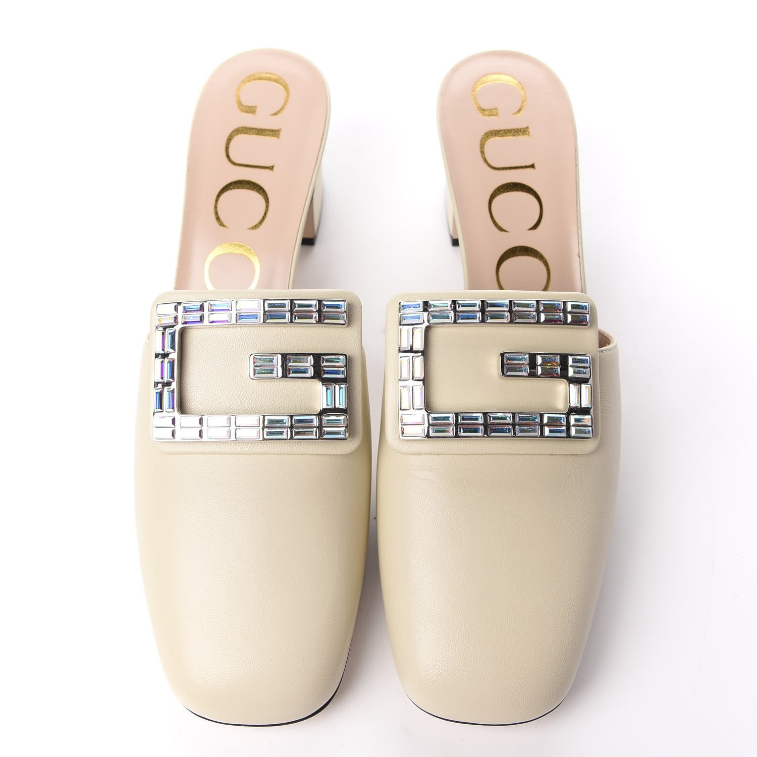 Gucci Malaga Kid Crystal Square G Madelyn Mules 37.5 Vintage White 5 of 12