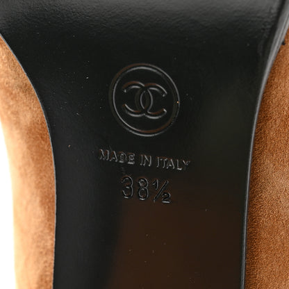 Chanel Suede Calfskin Lambskin Quilted Knee High Heel Boots 38.5 Beige 7 of 9