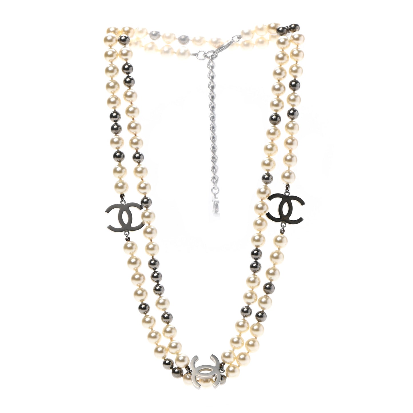 Pearl CC Long Necklace Silver Pearly White Grey