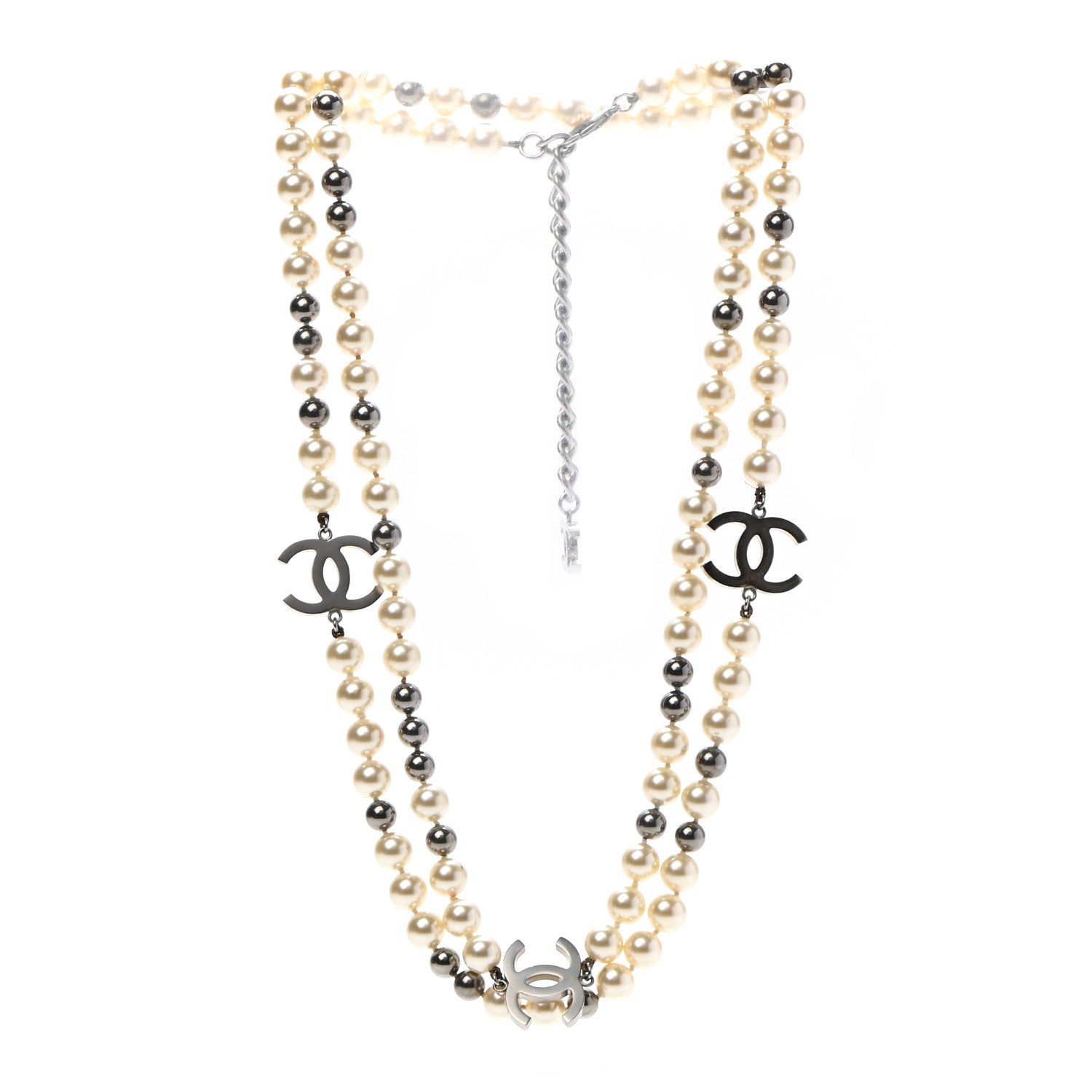 Chanel Pearl CC Long Necklace Silver Pearly White Grey 3 of 7