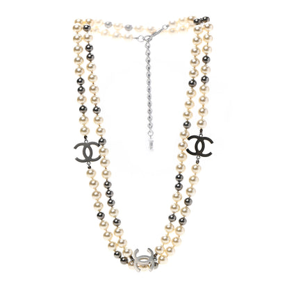 Chanel Pearl CC Long Necklace Silver Pearly White Grey 3 of 7