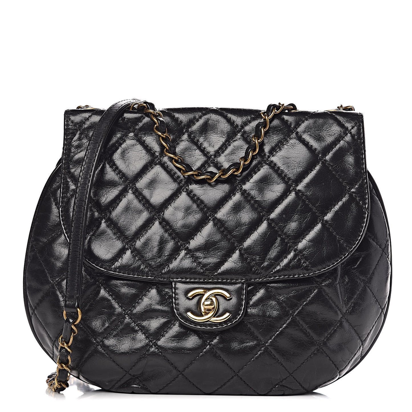 Glazed Calfskin Quilted Medium Bubble CC Flap Black