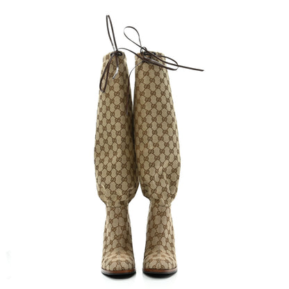 Gucci Monogram Malaga Kid Lisa Mid Heel Boots 38.5 Beige Ebony 2 of 7