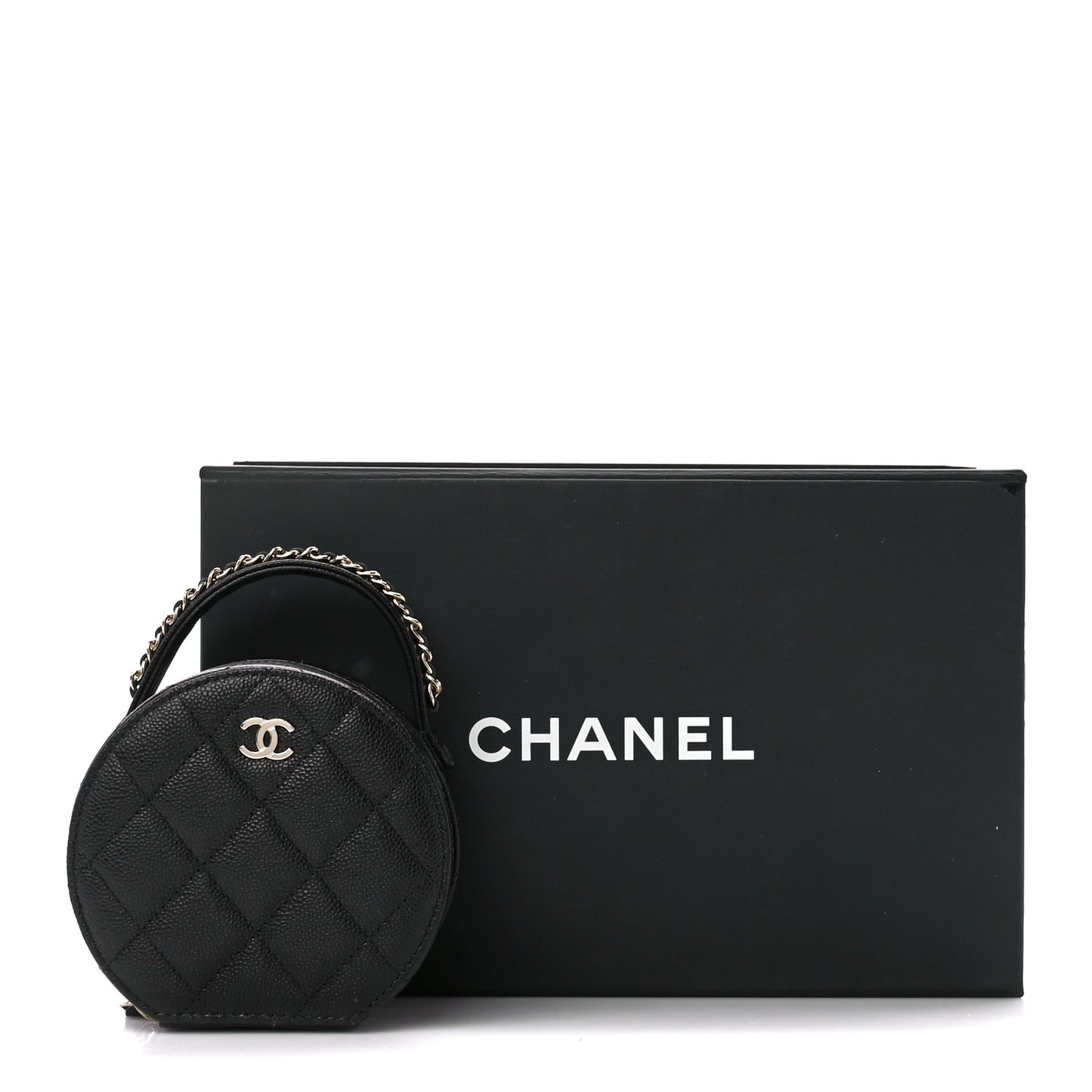 Caviar Quilted Round Top Handle Jewelry Case With Chain Black