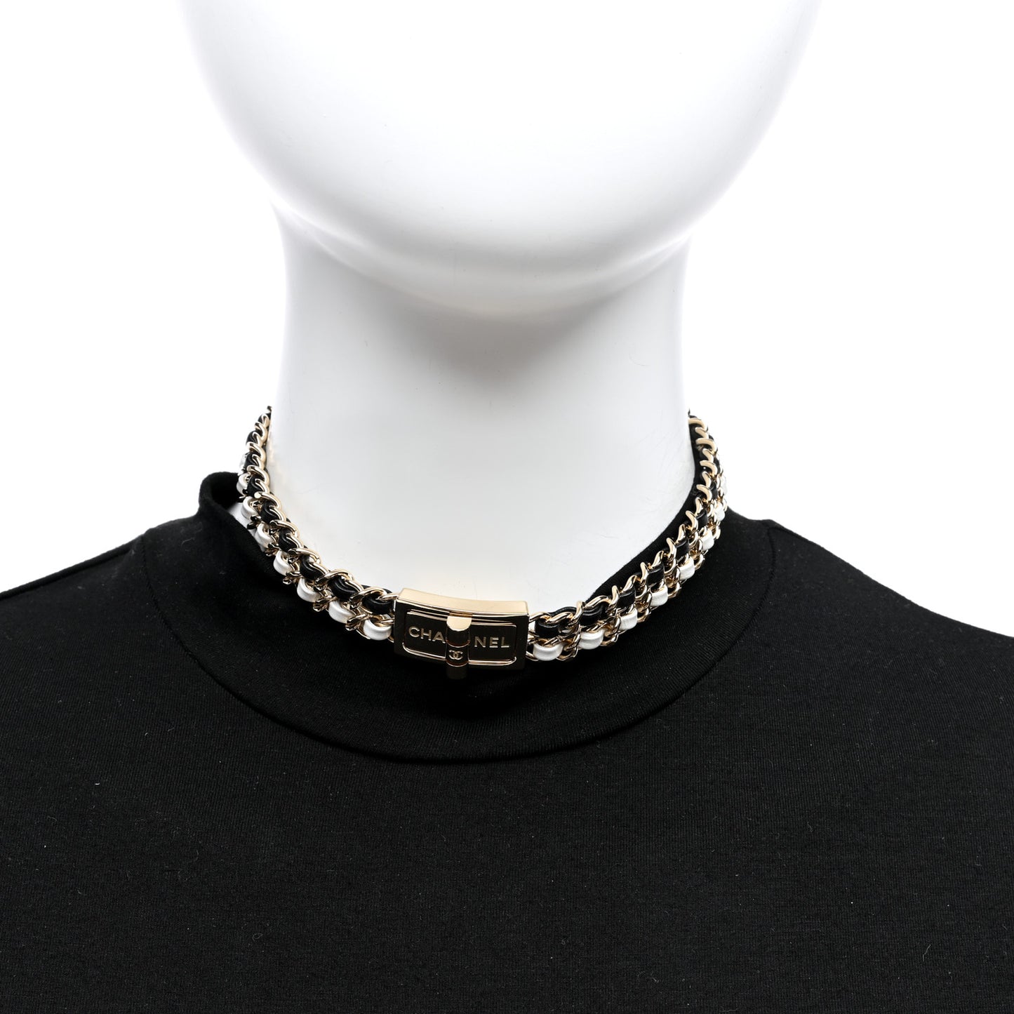 Metal Lambskin Reissue Lock Choker Necklace Black White Gold