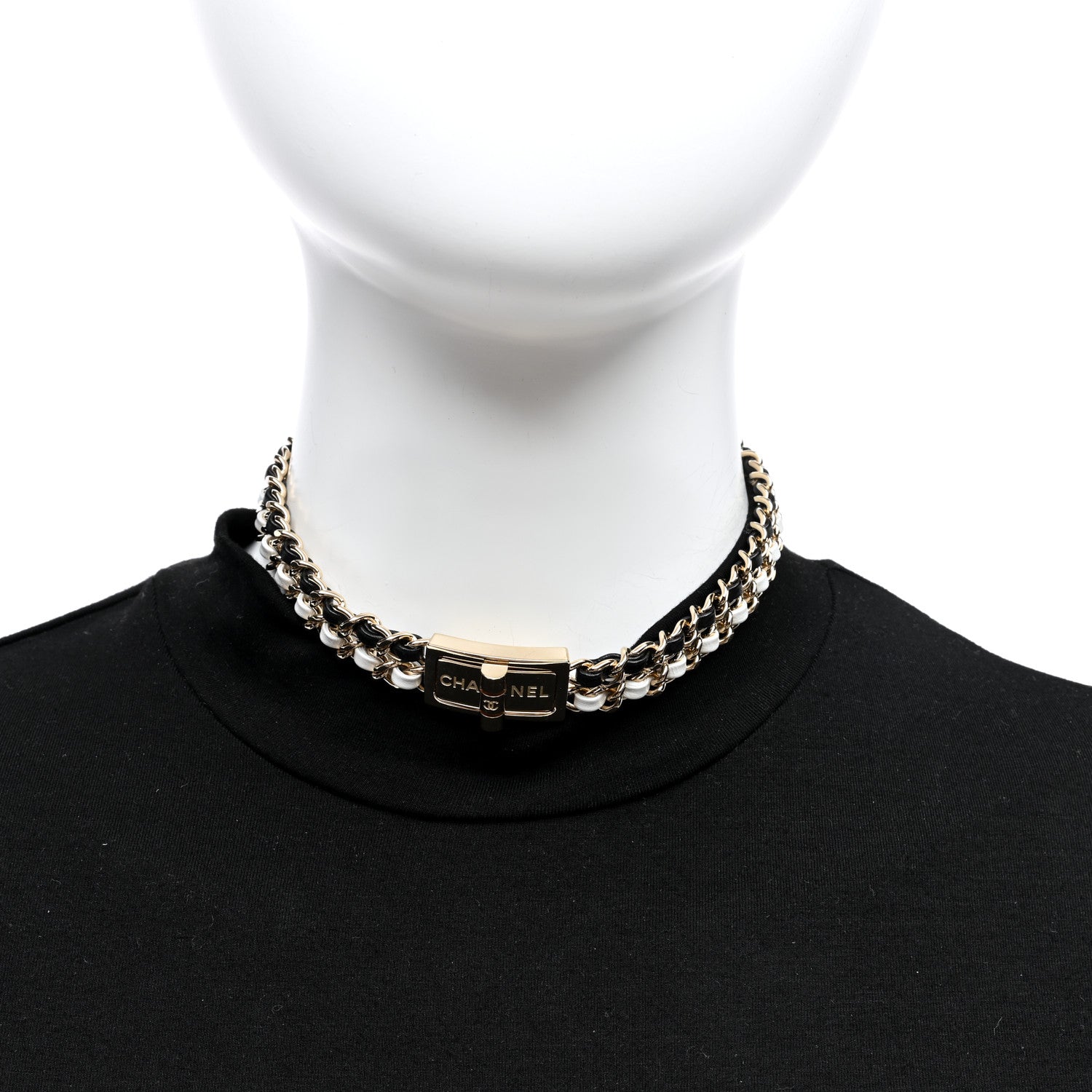 Chanel Metal Lambskin Reissue Lock Choker Necklace Black White Gold 2 of 4