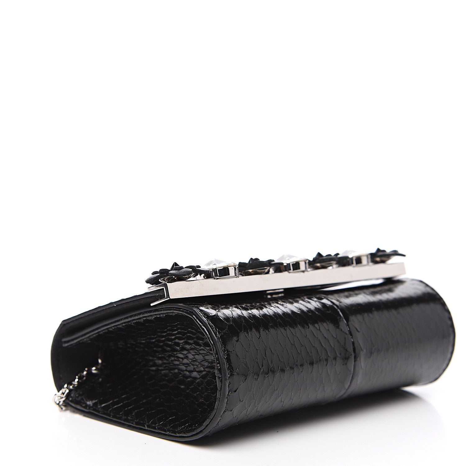 Fendi Snakeskin Crystal Flowerland Studded Mini Rush Clutch Black 3 of 10