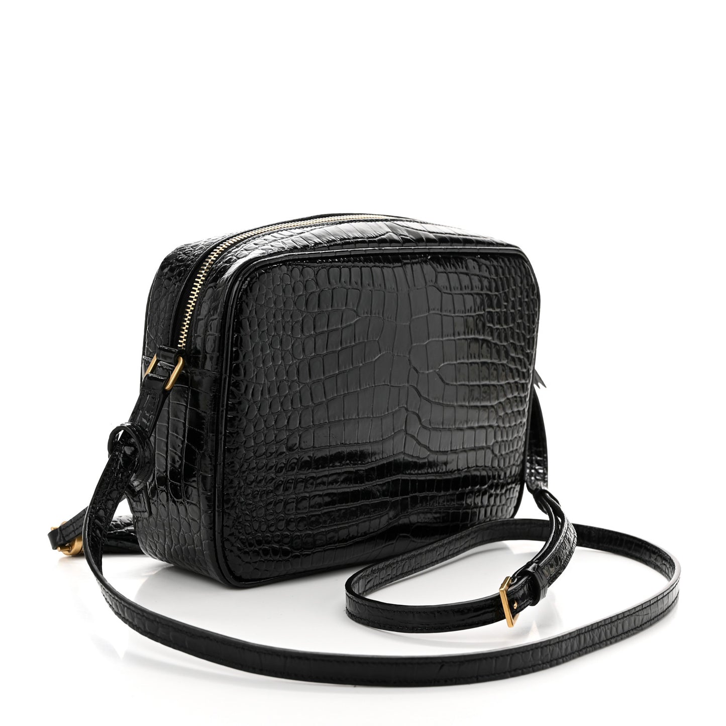 Patent Calfskin Crocodile Embossed Monogram Lou Camera Bag Black