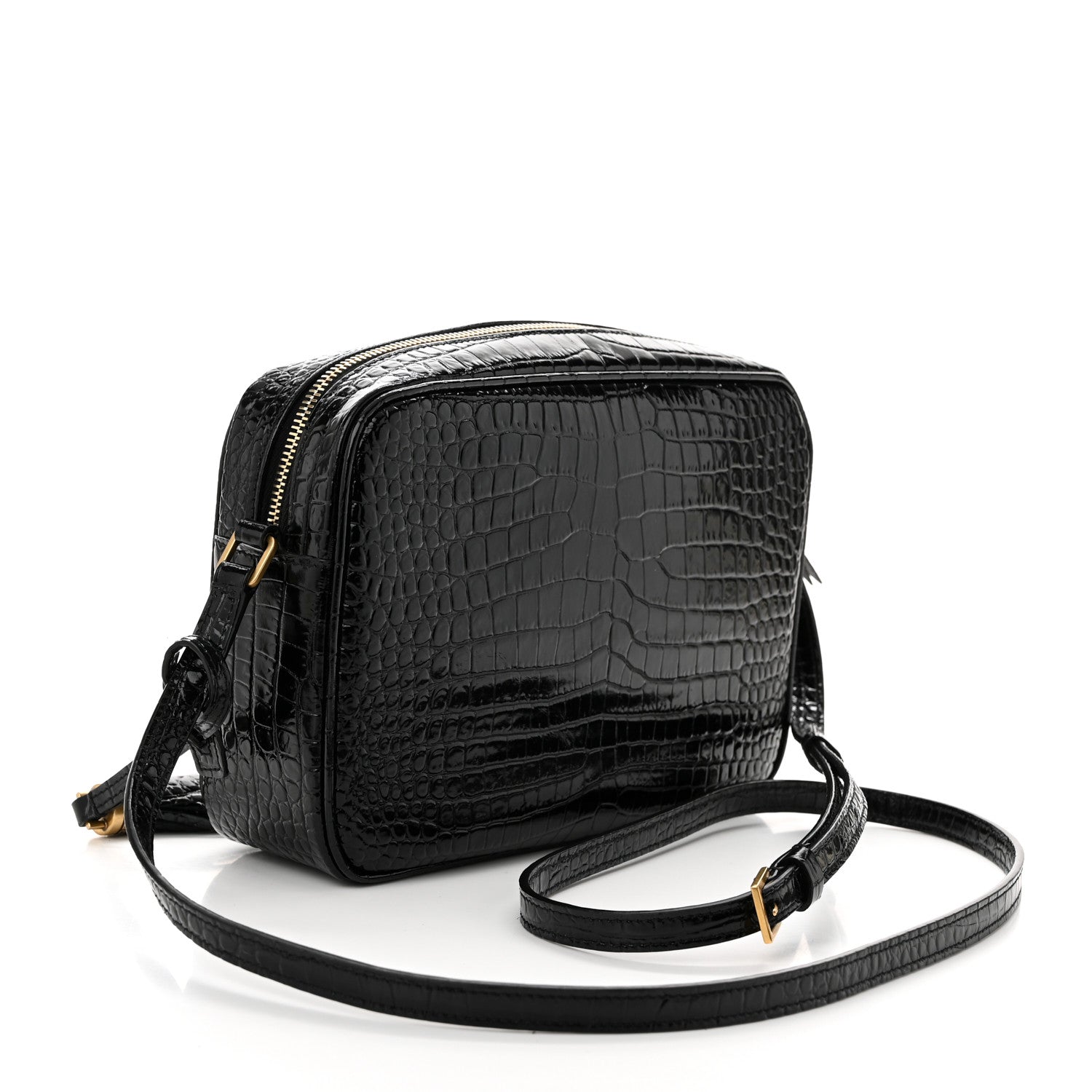 Saint Laurent Patent Calfskin Crocodile Embossed Monogram Lou Camera Bag Black 3 of 11