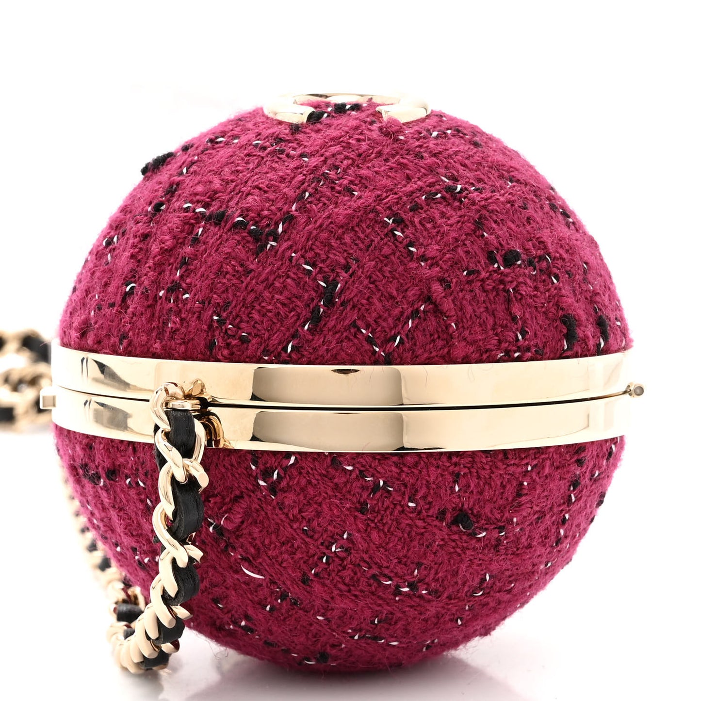 Tweed Minaudiere Round Chain Clutch Burgundy Black