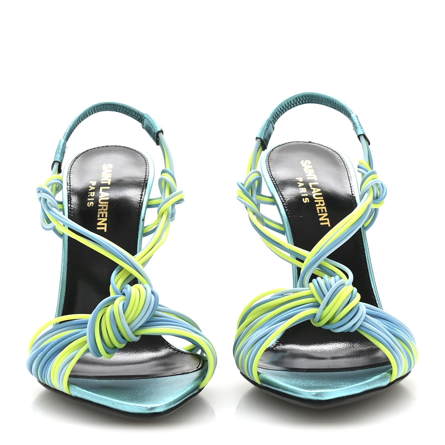 Saint Laurent Metallic Calfskin Gippy 105 Sandals 37.5 Cerulean Giallo Fluo 3 of 8