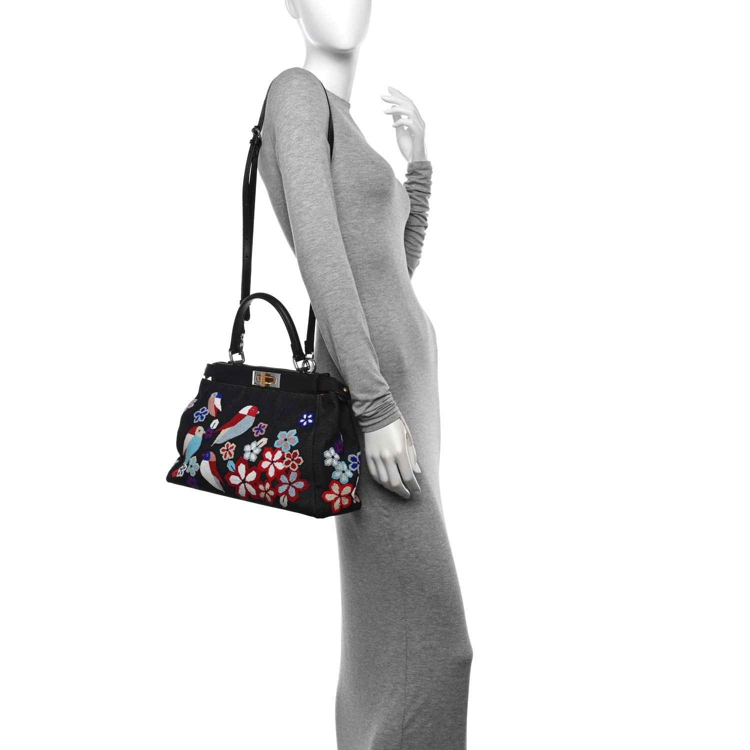 Fendi Denim Vitello Dolce QuTweet Beaded Medium Peekaboo Iconic Satchel Dark Blue Multicolor Black 2 of 12