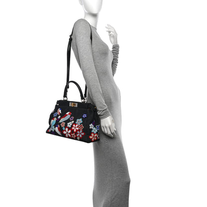 Fendi Denim Vitello Dolce QuTweet Beaded Medium Peekaboo Iconic Satchel Dark Blue Multicolor Black 2 of 12