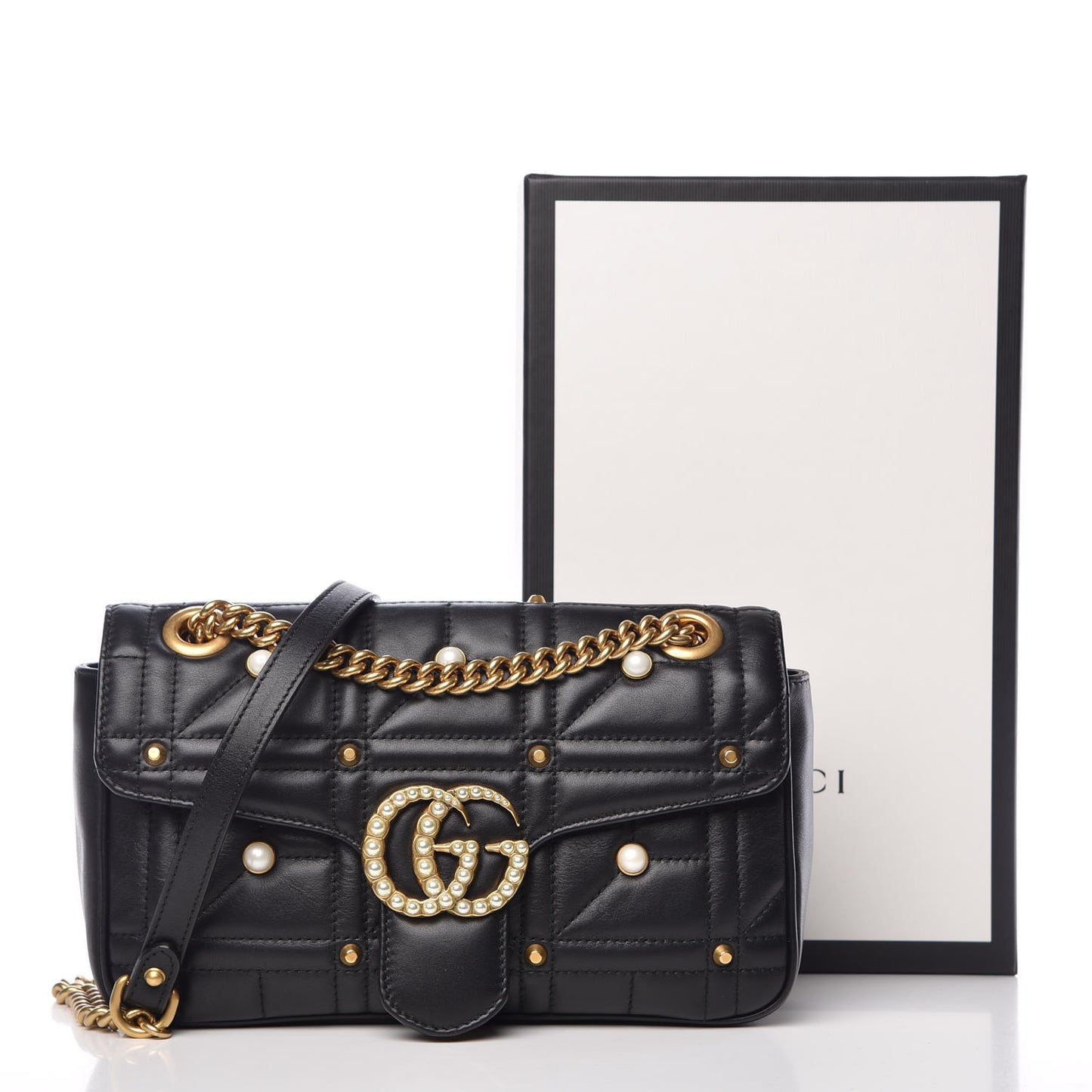 Calfskin Matelasse Studded Small Pearly GG Marmont Shoulder Bag Black