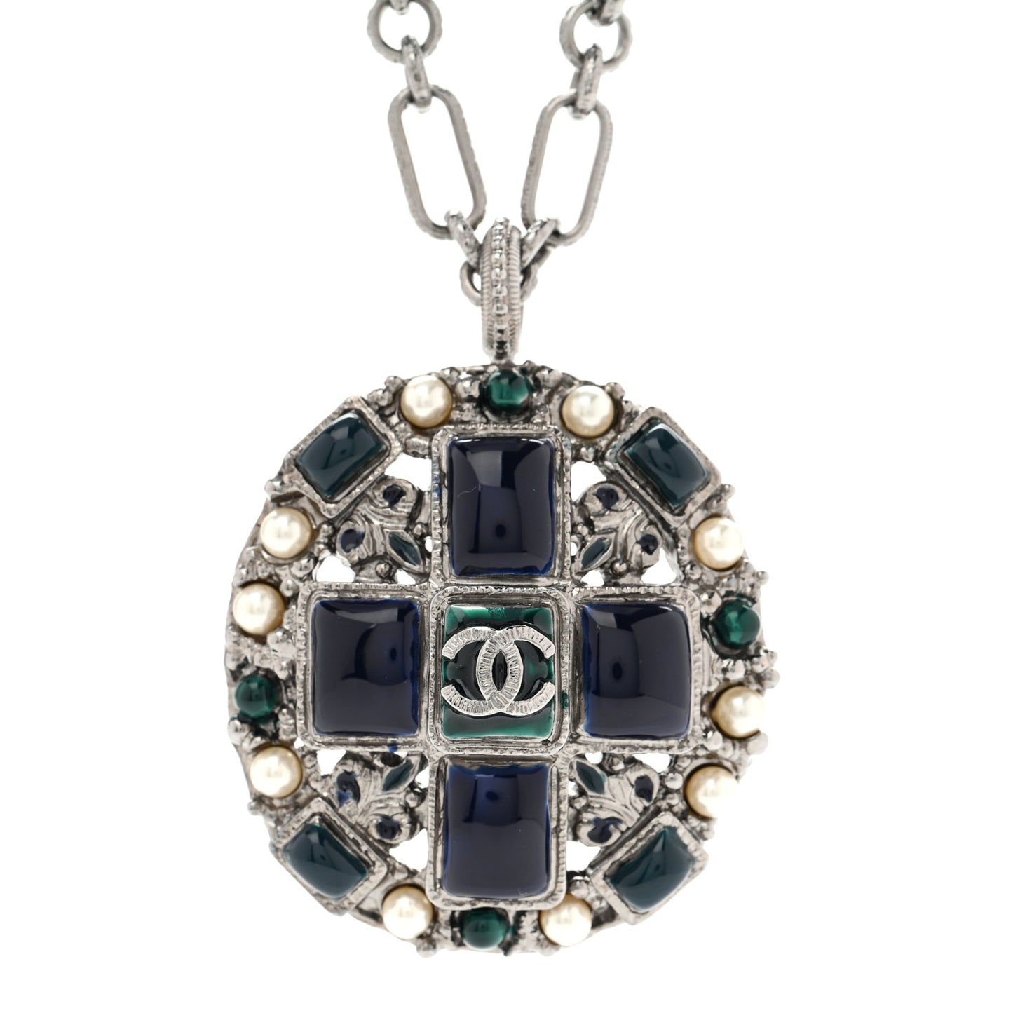 Gripoix Poured Glass Pearl CC Necklace Silver Blue Green White