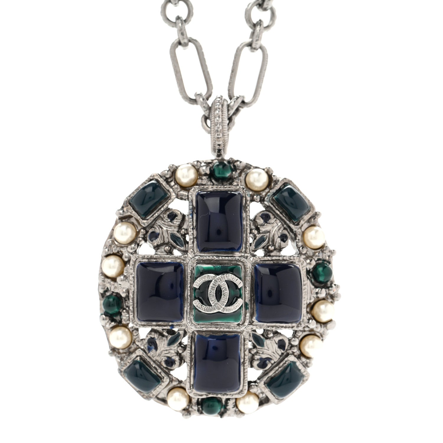 Chanel Gripoix Poured Glass Pearl CC Necklace Silver Blue Green White 4 of 5