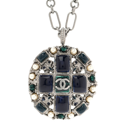 Chanel Gripoix Poured Glass Pearl CC Necklace Silver Blue Green White 4 of 5