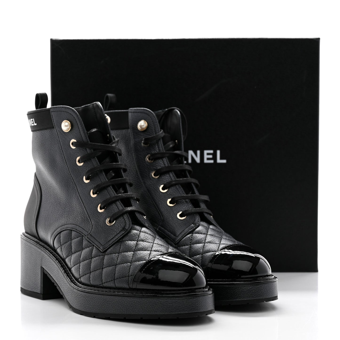 Pearly Calfskin Patent Calfskin Lace Up Combat Boots 40.5 Black