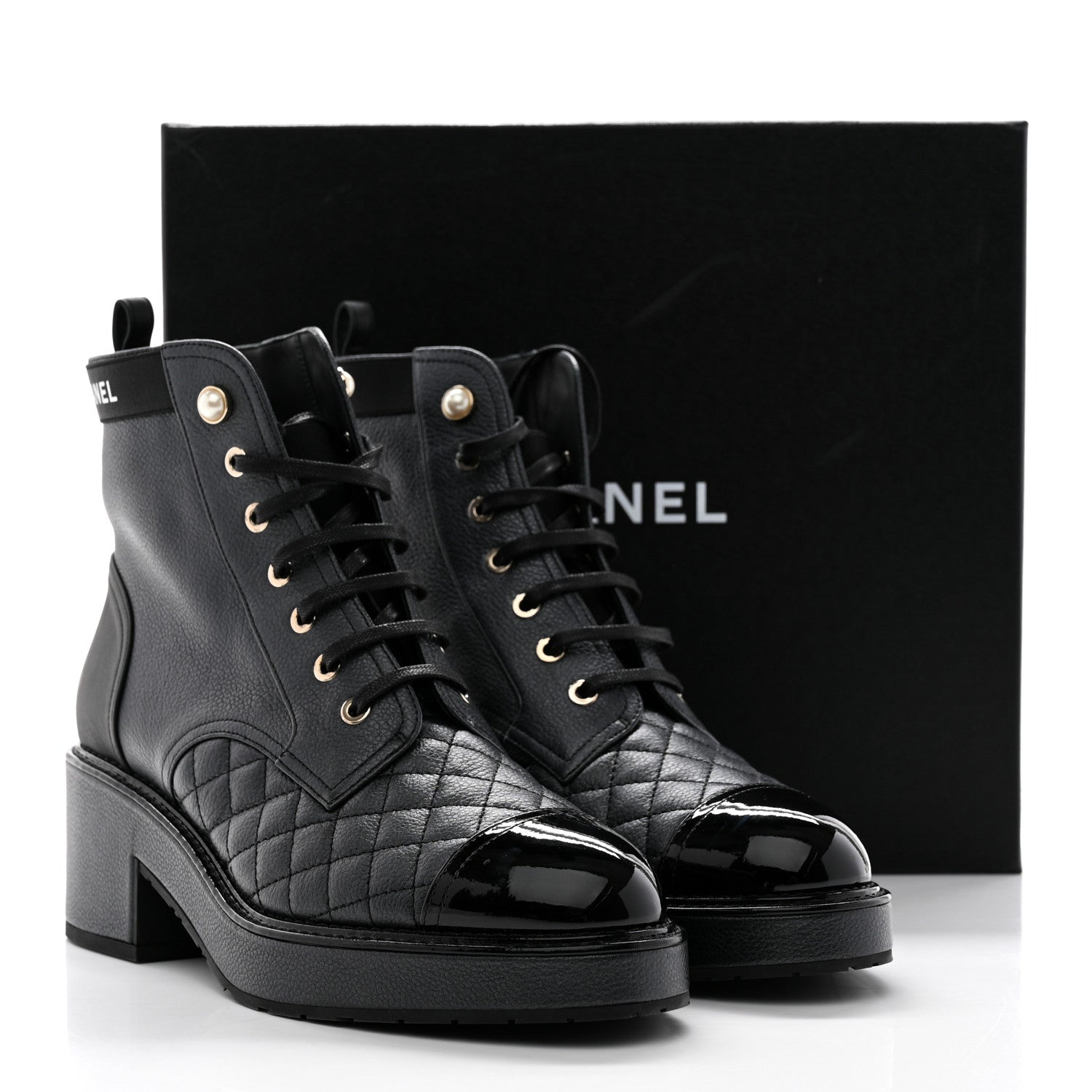 Chanel Pearly Calfskin Patent Calfskin Lace Up Combat Boots 40.5 Black 14 of 14