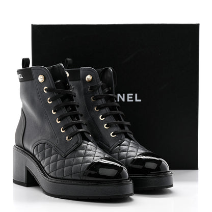 Chanel Pearly Calfskin Patent Calfskin Lace Up Combat Boots 40.5 Black 14 of 14