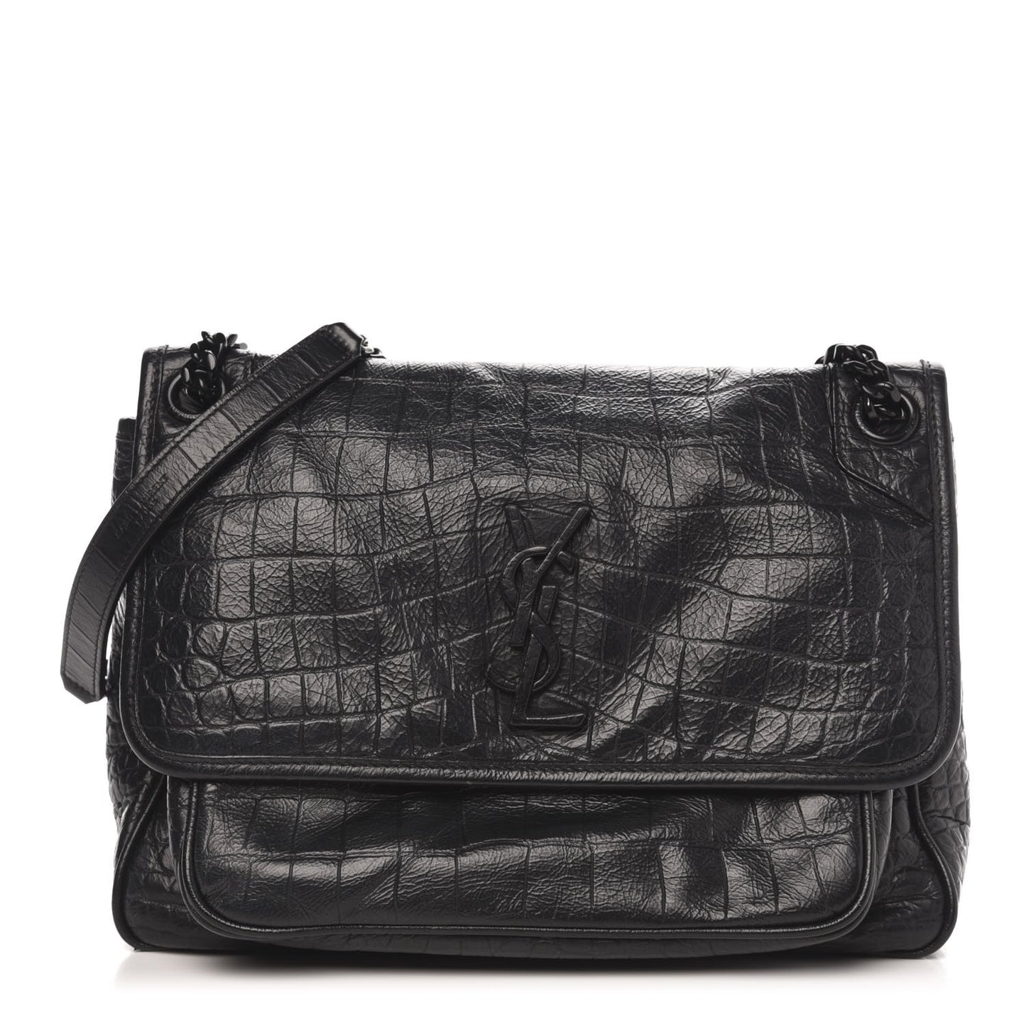 Crocodile Embossed Lambskin Monogram Medium Niki Chain Satchel Black