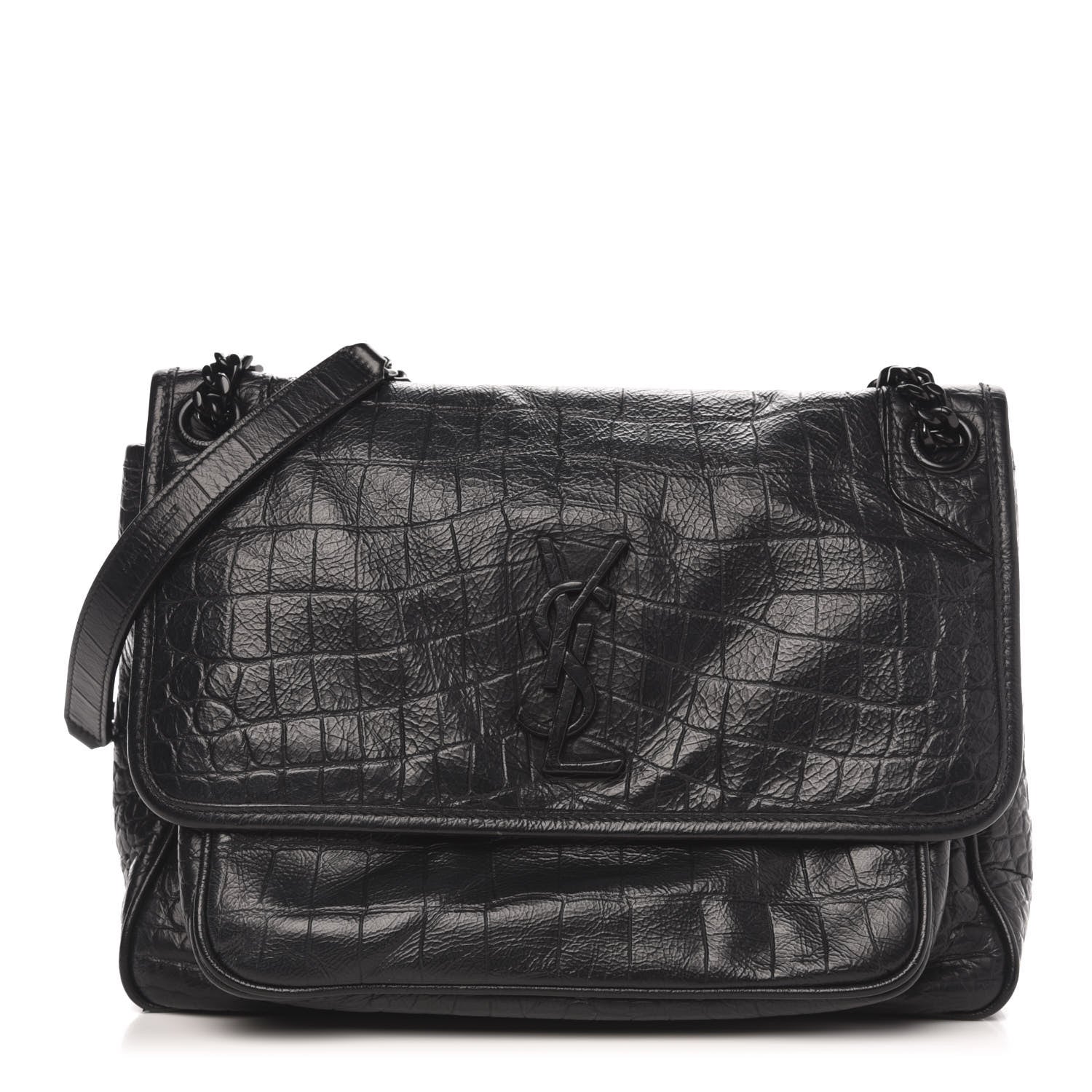 Saint Laurent Crocodile Embossed Lambskin Monogram Medium Niki Chain Satchel Black 1 of 10