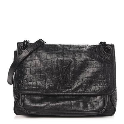 Saint Laurent Crocodile Embossed Lambskin Monogram Medium Niki Chain Satchel Black 1 of 10
