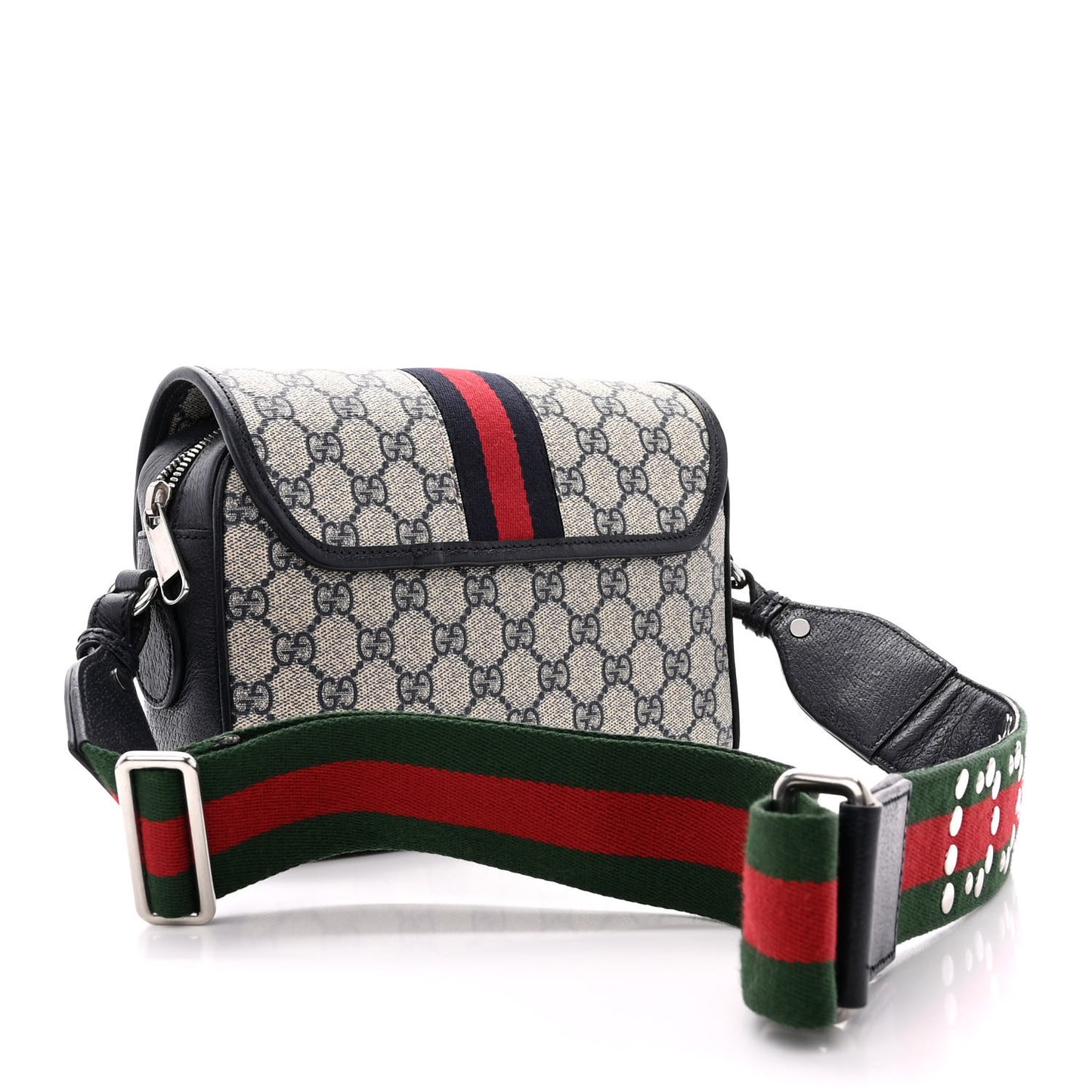 GG Supreme Monogram Textured Dollar Calfskin Web Studded Mini Ophidia Flap Shoulder Bag Beige Blue