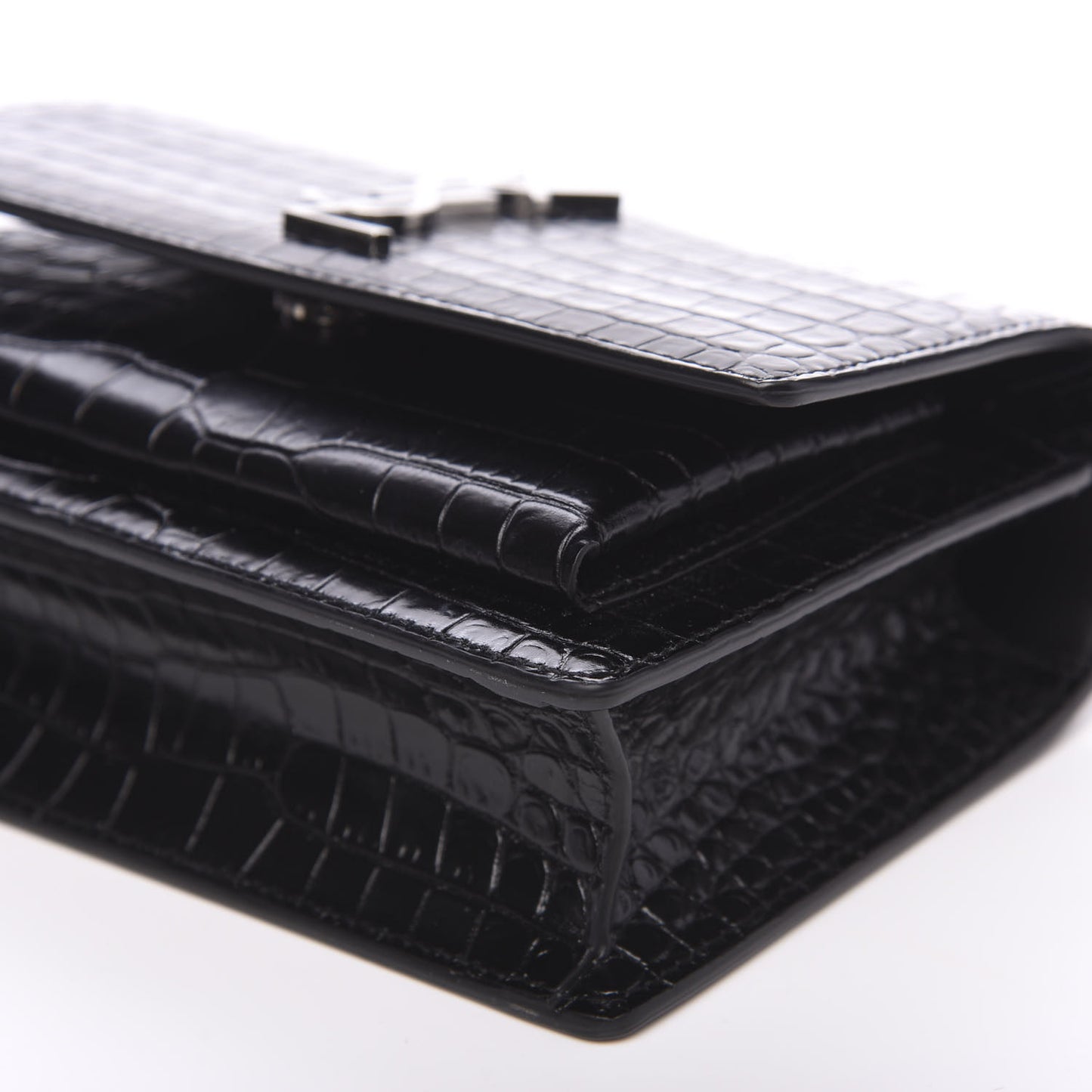 Calfskin Crocodile Embossed Monogram Sunset Chain Wallet Black