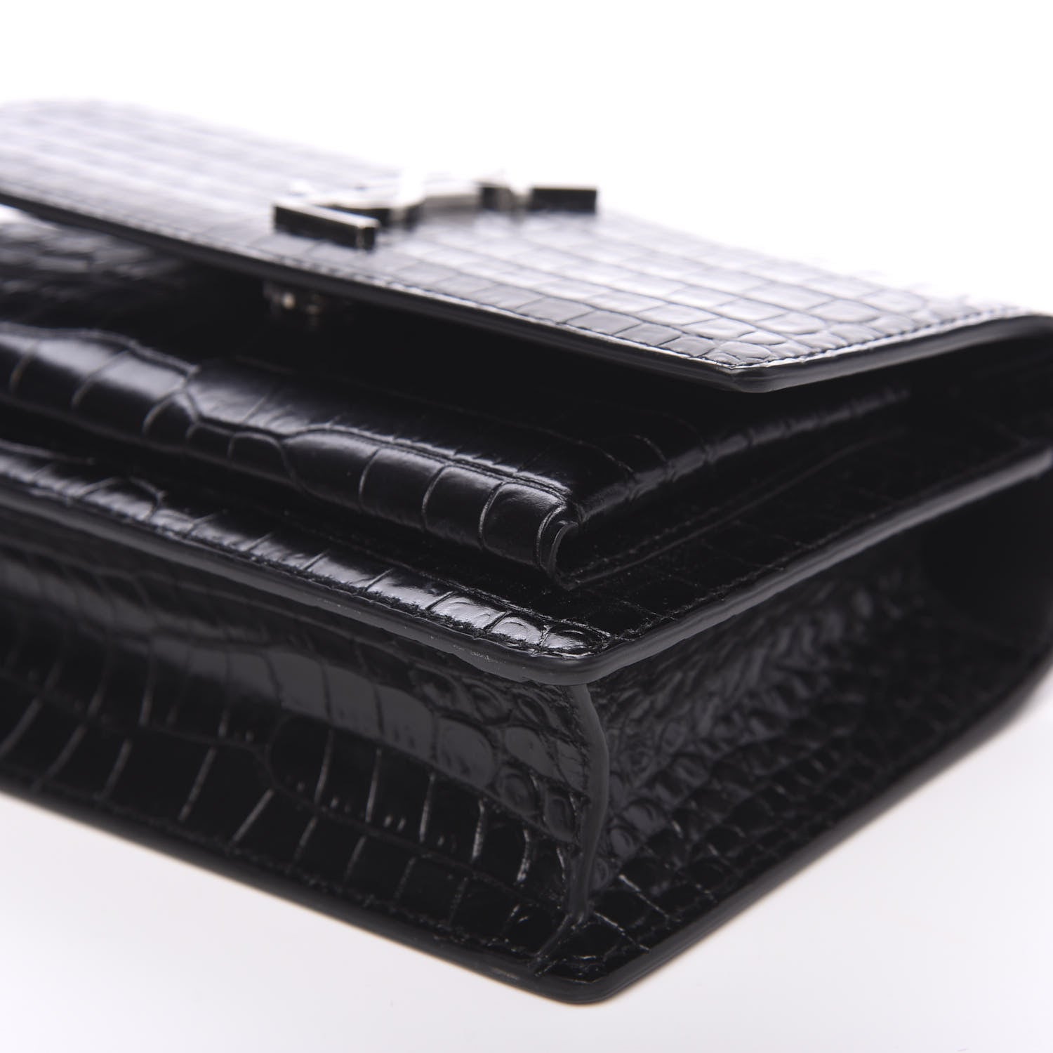 Saint Laurent Calfskin Crocodile Embossed Monogram Sunset Chain Wallet Black 8 of 8