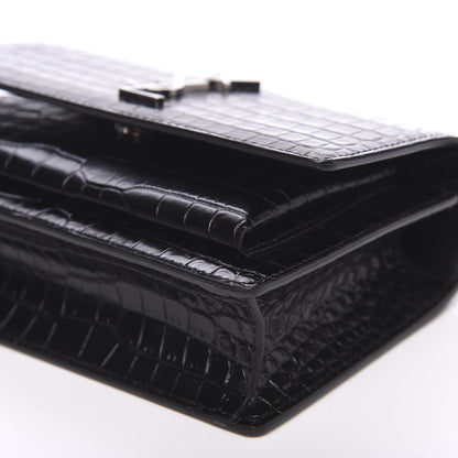 Saint Laurent Calfskin Crocodile Embossed Monogram Sunset Chain Wallet Black 8 of 8