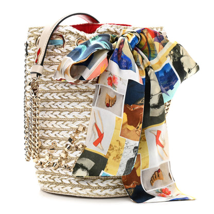 Christian Louboutin Woven Jute Crepe Satin Studded Marie Jane Bucket White Gold 1 of 9