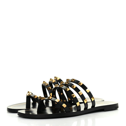 Valentino Garavani Calfskin Rockstud Flair Flat Thong Sandals 37.5 Black 3 of 9