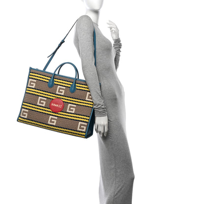 Gucci Fabric Embroidered Hawaii Striped Tote Bag Blue 2 of 10