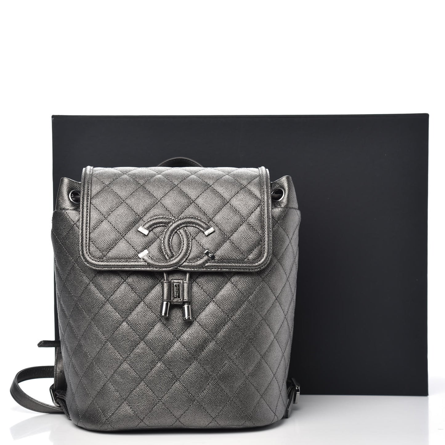 Metallic Caviar Quilted Filigree Backpack Dark Silver