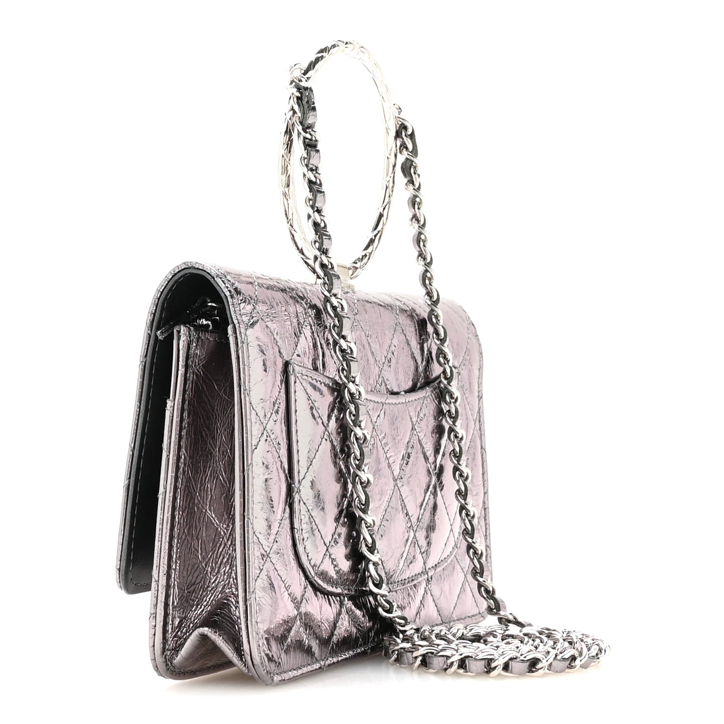 Crumpled Metallic Calfskin Quilted Ring Handle Wallet on Chain Silver