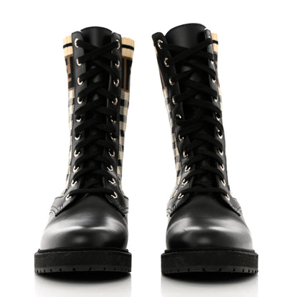 Fendi Vitello Stretch Fabric FF Vichy Rockoko Biker Boots 37 Black Crema Tobacco 2 of 8