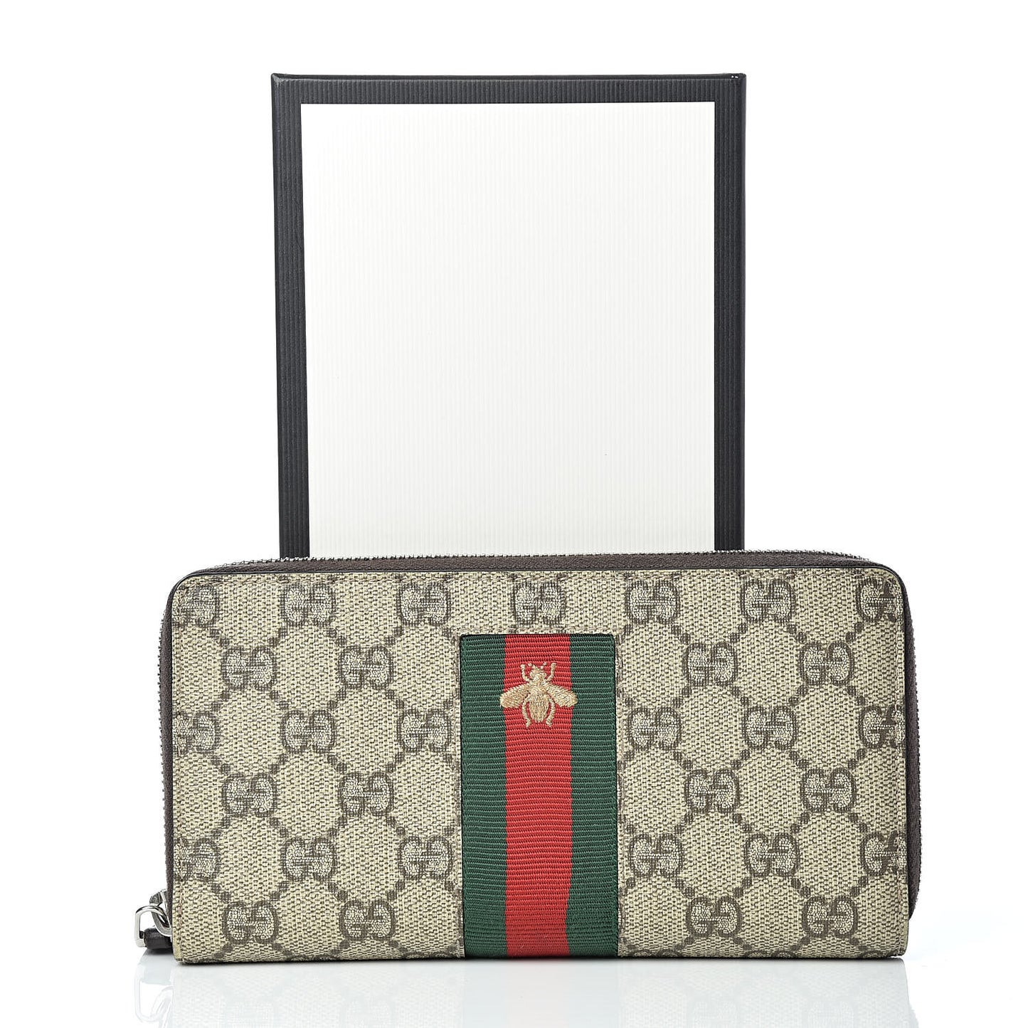GG Supreme Monogram Web Bee Zip Around Wallet Beige Cocoa