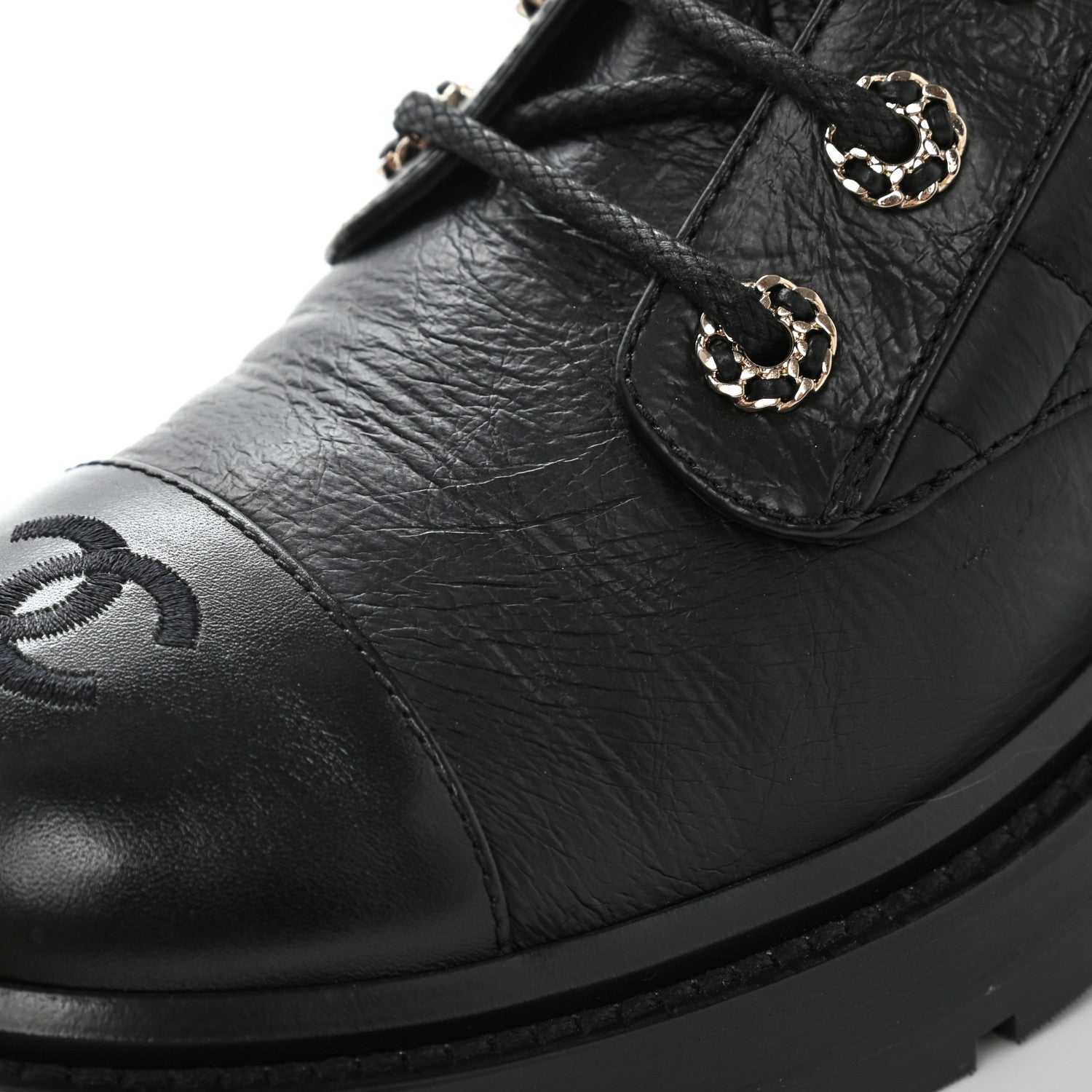 Chanel Shiny Goatskin Calfskin Quilted Lace Up Combat Boots 37 Black 12 of 12