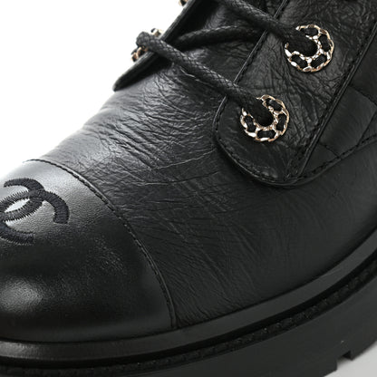Chanel Shiny Goatskin Calfskin Quilted Lace Up Combat Boots 37 Black 12 of 12