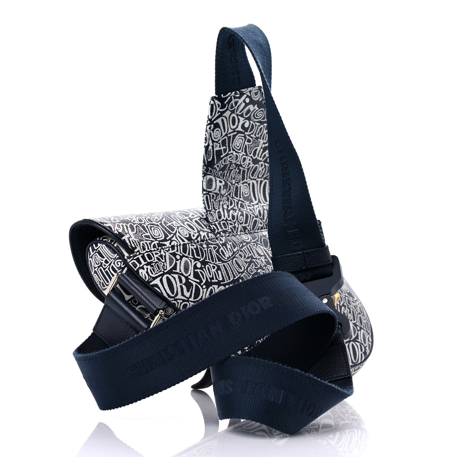 Christian Dior X SHAWN STUSSY Grained Calfskin Printed Mens Saddle Bag Navy Blue 3 of 12