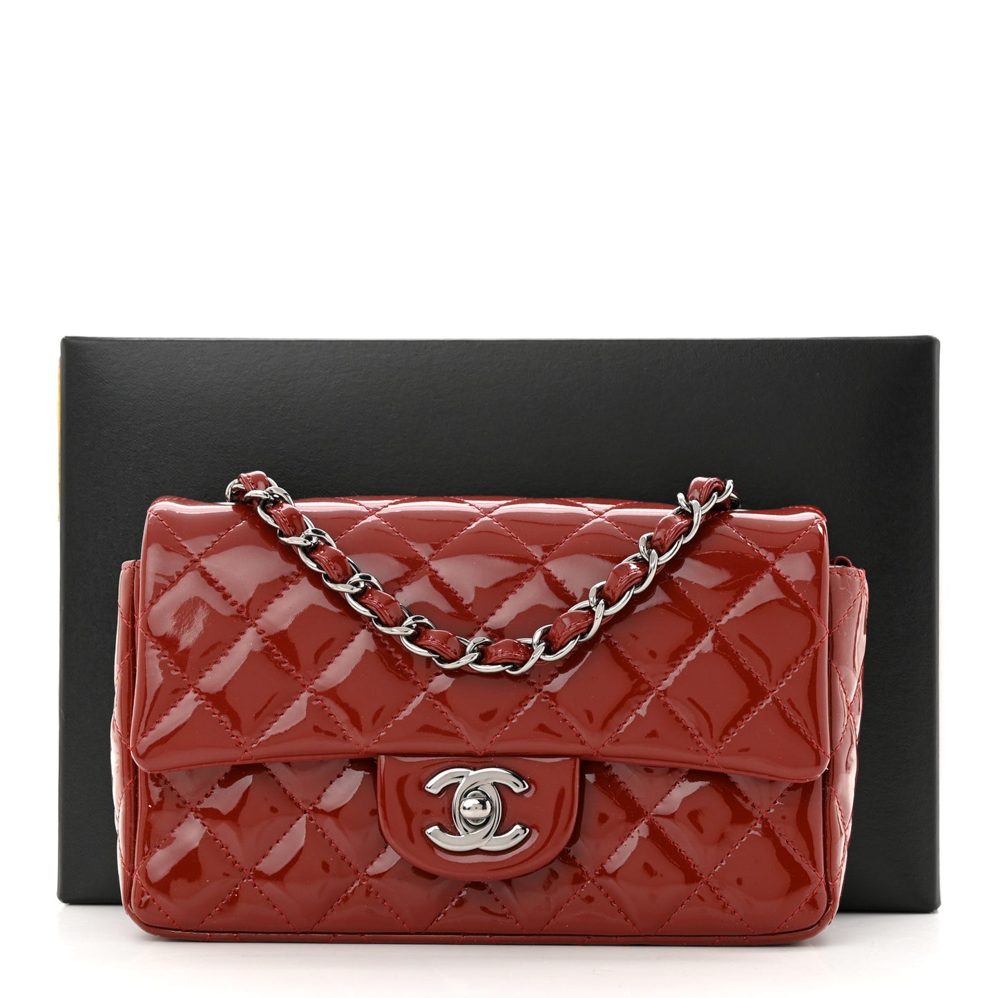 Patent Calfskin Quilted Mini Rectangular Flap Dark Red