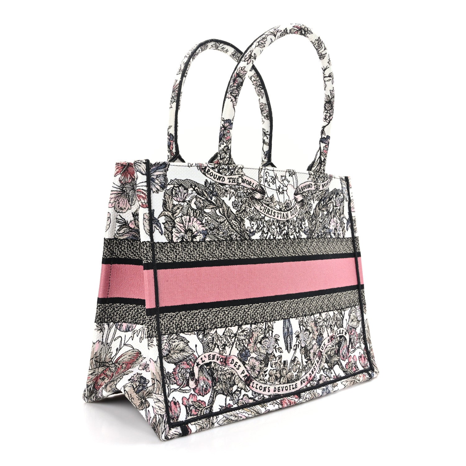 Christian Dior Canvas Embroidered Medium Butterfly Around The World Book Tote White Pastel Pink 3 of 9