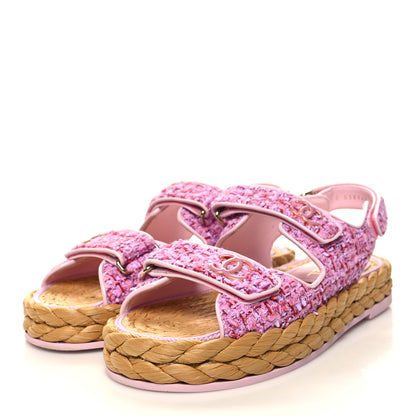 Chanel Tweed Lambskin Velcro Dad Sandals 39 Pink Multicolor 3 of 9
