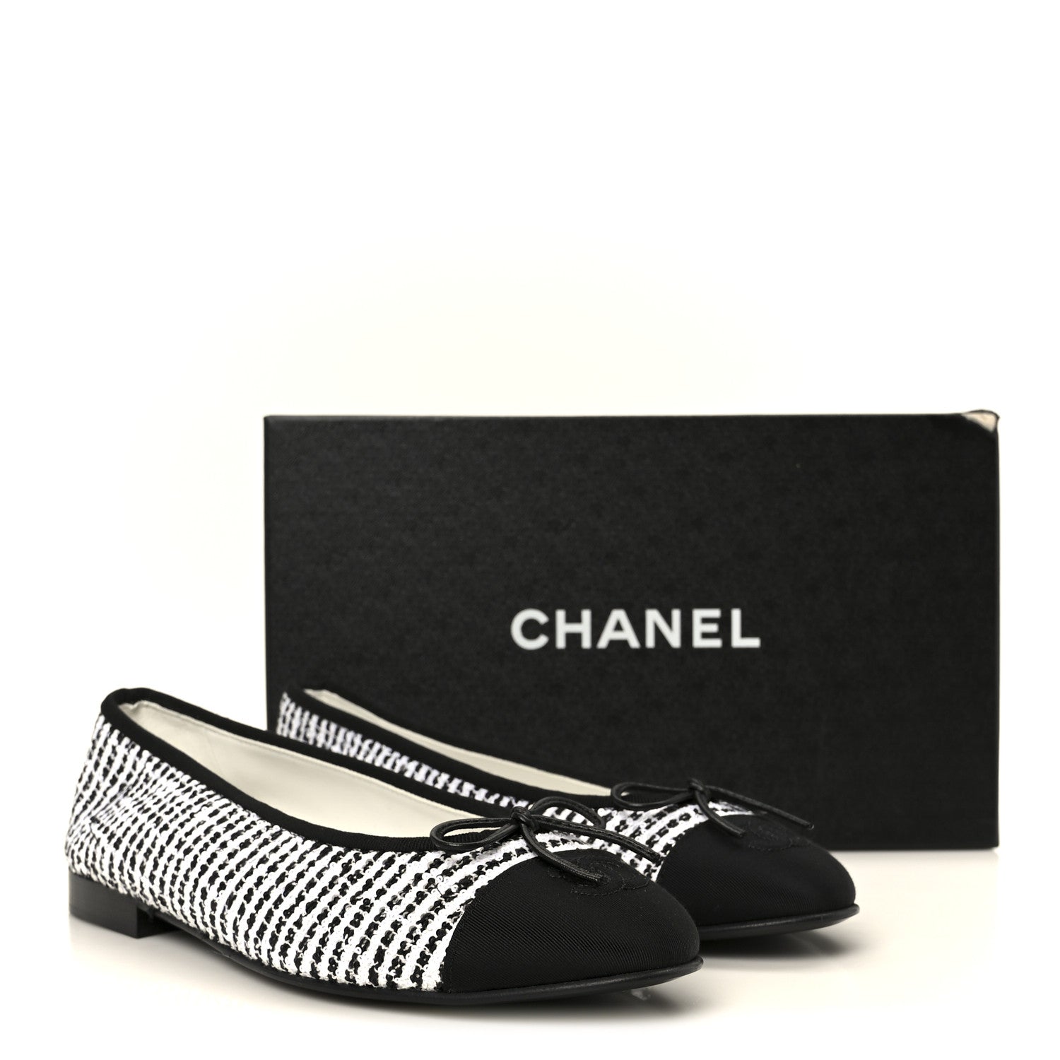 Chanel Tweed Sequin Grosgrain Cap Toe Ballerina Flats 39.5 Black White 10 of 10