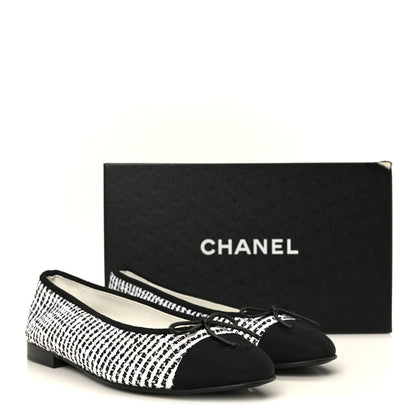 Chanel Tweed Sequin Grosgrain Cap Toe Ballerina Flats 39.5 Black White 10 of 10