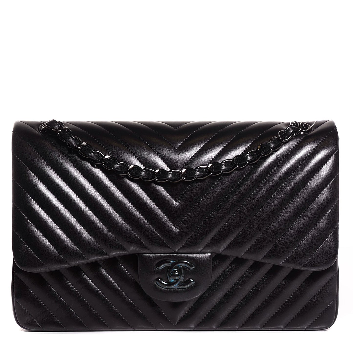 Lambskin Chevron Quilted Jumbo Double Flap So Black