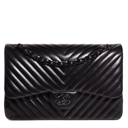 Chanel Lambskin Chevron Quilted Jumbo Double Flap So Black 1 of 9