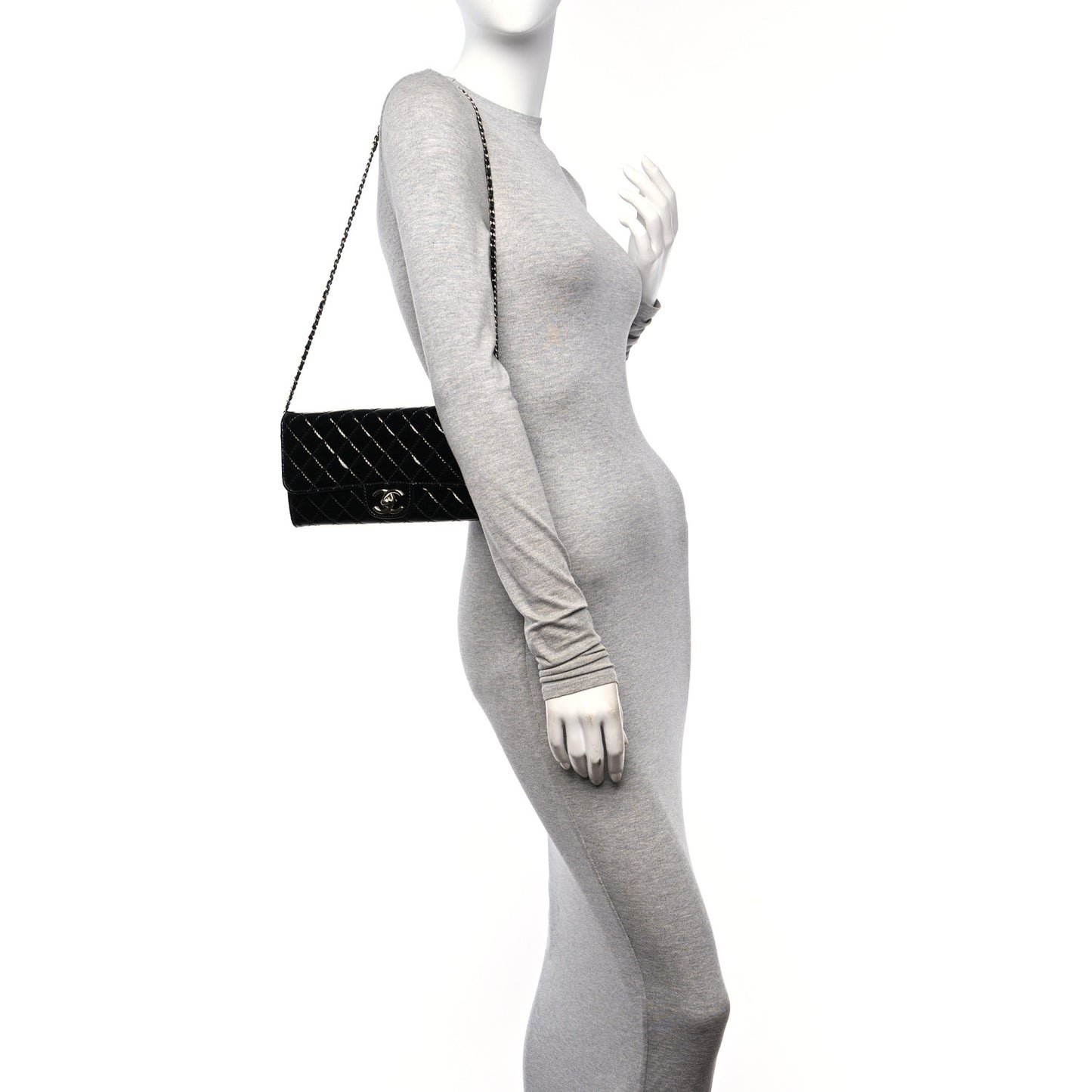 Patent Calfskin Quilted Flap Clutch With Chain Black