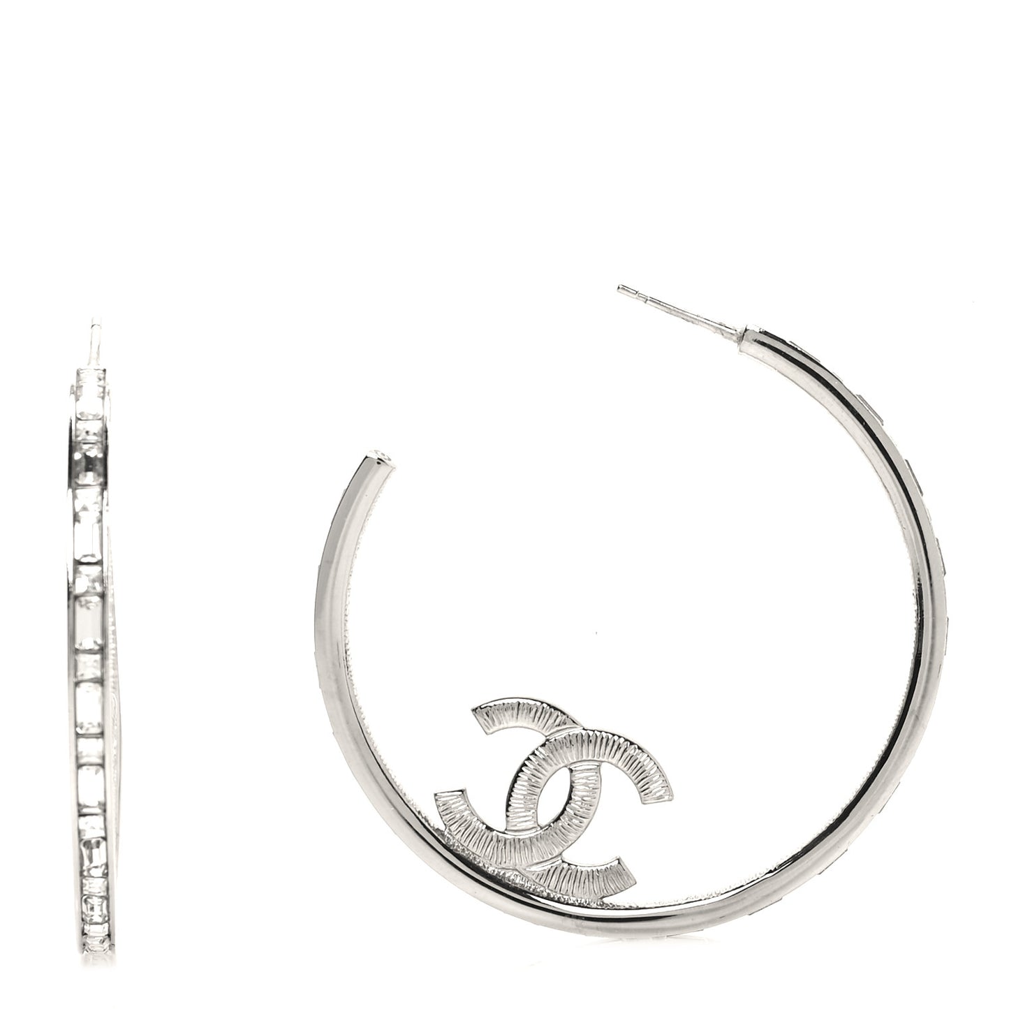 Metal Crystal Baguette CC Large Hoop Earrings Silver